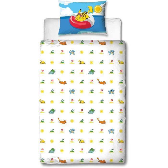 Parure De Lit - POKEMON - Pikachu Et Ses Amis À La Plage - Microfibre - 1 Housse De Couette 140 X 200 Cm + 1 Taie 63 X 63 Cm