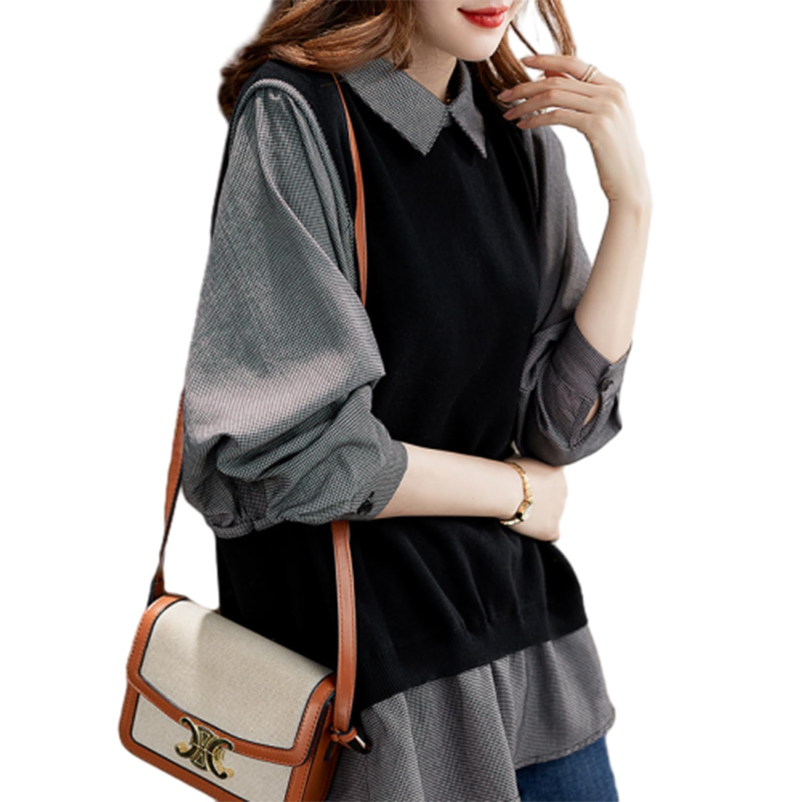 

Long Sleeve Shirt with Contrast Dole Collar and Check Layered Faux Loose Perfect for Everyday and Winter [JLBOCMGT] Women s Blouse, Pattern, Look,