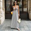 New Style Fresh Beach-style Long Dress with Deep V-neck and Striped Halter-neck Backless Design