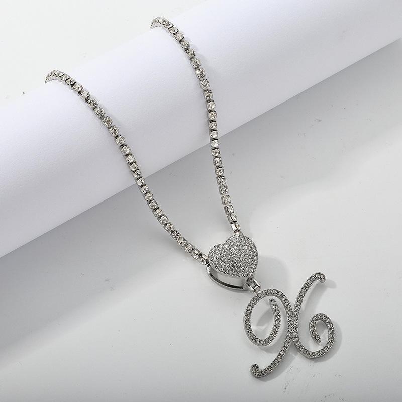 26 Flower Letter Necklace: Hip Hop Heart Pendant with Full Diamond Inlaid Tennis Chain for Women