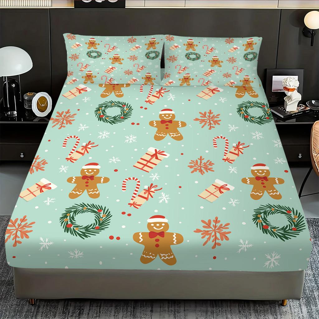 3-teiliges Weihnachts-Lebkuchenmann-Girlanden-Druck Kernloses Bettlaken-Set Mehrere Größen Bettdecke Bequeme Bettwäsche Maschinenwaschbar