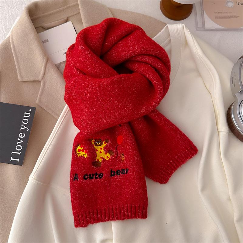 Bufanda de lana tejida bordada con oso para mujer, invierno, nueva, de alta gama, cálida, engrosada, color marrón puro