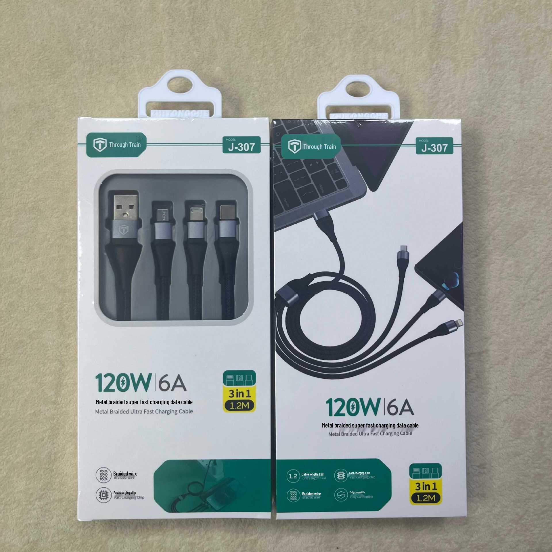 

Three-in-One Fast Charging Data Cable for Apple, Android, and Huawei Devices - USB Braided Design J307 - 3-in-1 Braided Fast Charging Cable
