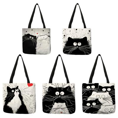 Tote Shopping Bag Cute Cat Printing Women Handbag Linen Totes with Print Logo Casual Traveling Beach Bags