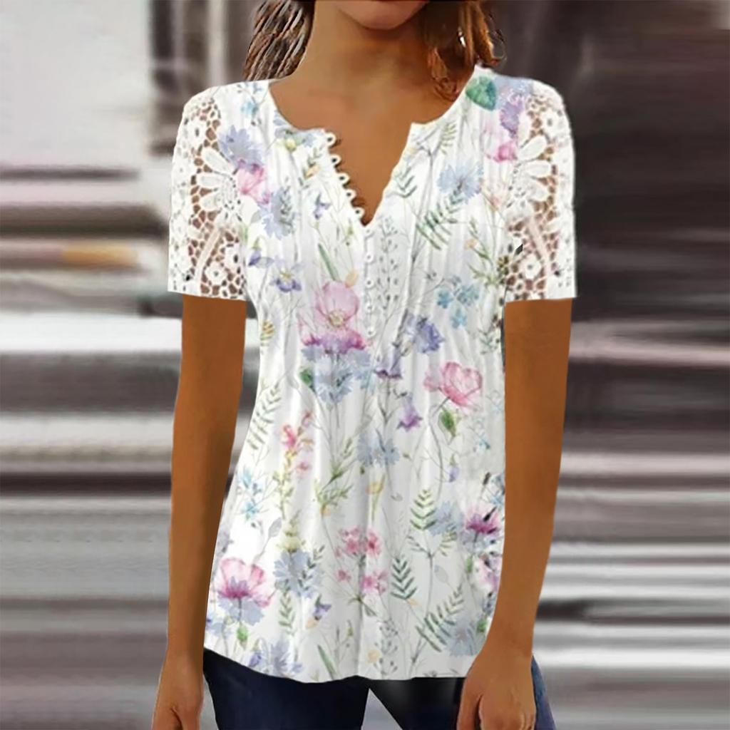 Women's Casual Solid Color Printing  Short Sleeve  Lace Sleeve Pleated Button T-shirt