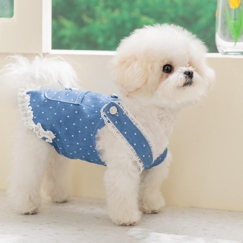 Summer Denim Dog Dress Dot Bow Pet Suspenders Luxury Dog Clothes Cat Outfits Chihuahua Bichon Yorkie Girls Dog Skirts Jeans New