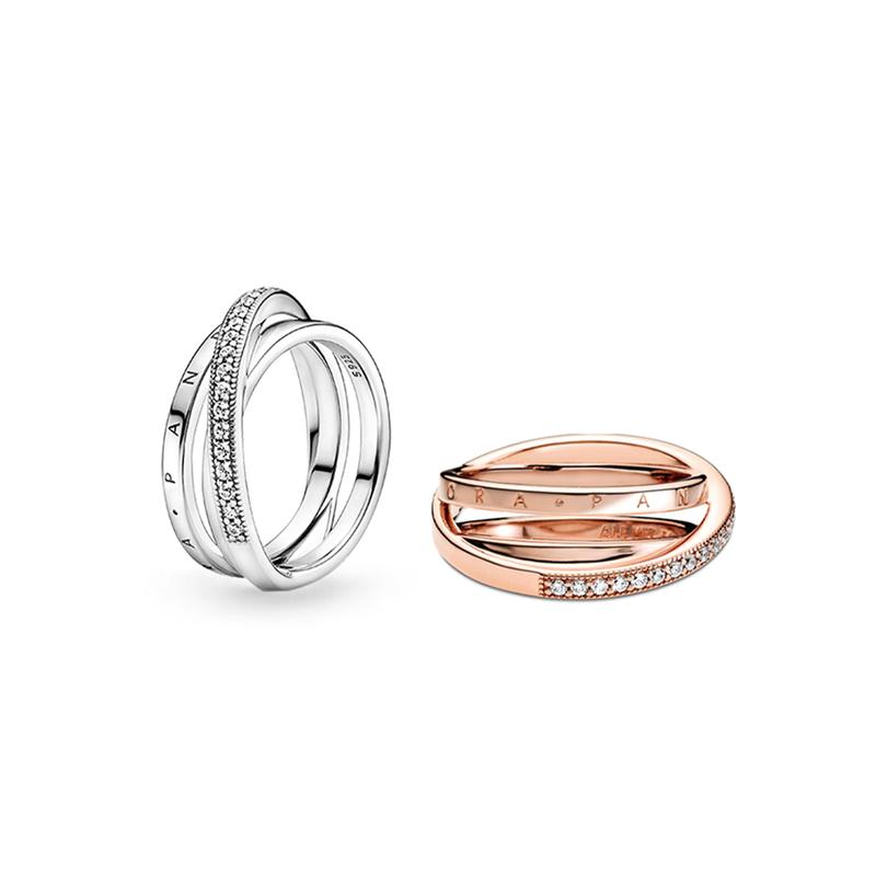 Pandora Pavé pavé interlaced three-ring set Möbius strip 925 silver ring women's silver/rose gold ZT-0035