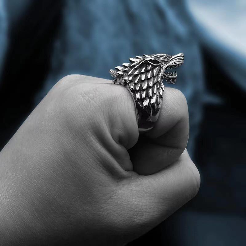 Mens Adjustable Wolf Head Ring In Sterling Punk Vintage Geometric Band Biker Gothic Style