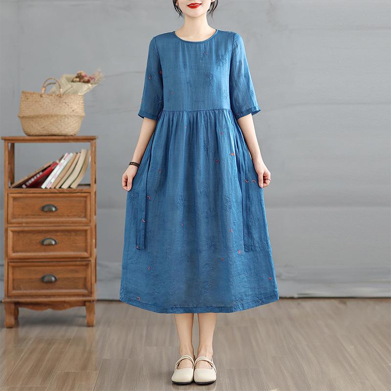 2026 Summer Lightweight Breathable Embroidered Cotton Linen Dress M
