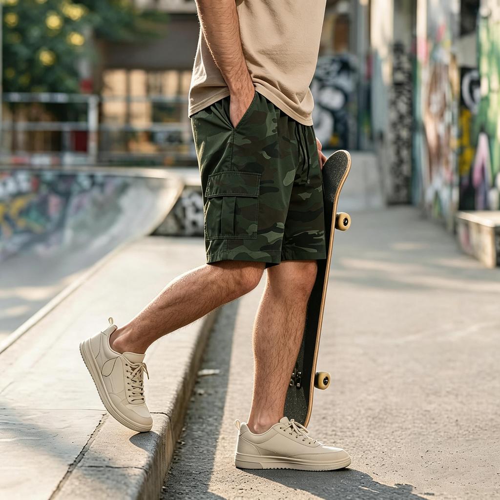 Herren Mehrzweck-Cargo-Shorts für Outdoor-Sport, Freizeit, Tarnmuster, Arbeitsshorts mit elastischem Bund und Kordelzug zum Wandern, Camping