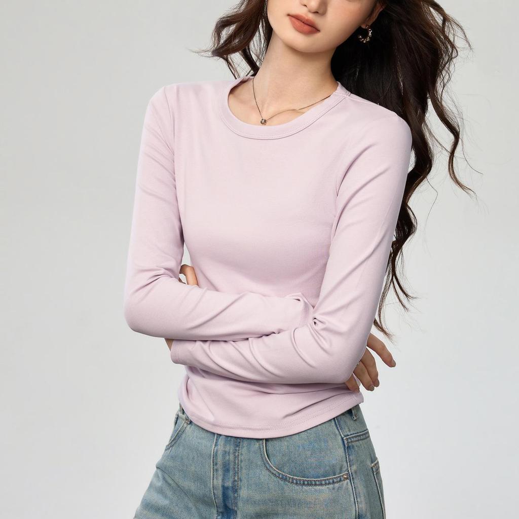Women's Autumn 2025 Long-Sleeve T-Shirt: Combed Cotton, Versatile Design with Exposed Stitching, Simple Round Neck.