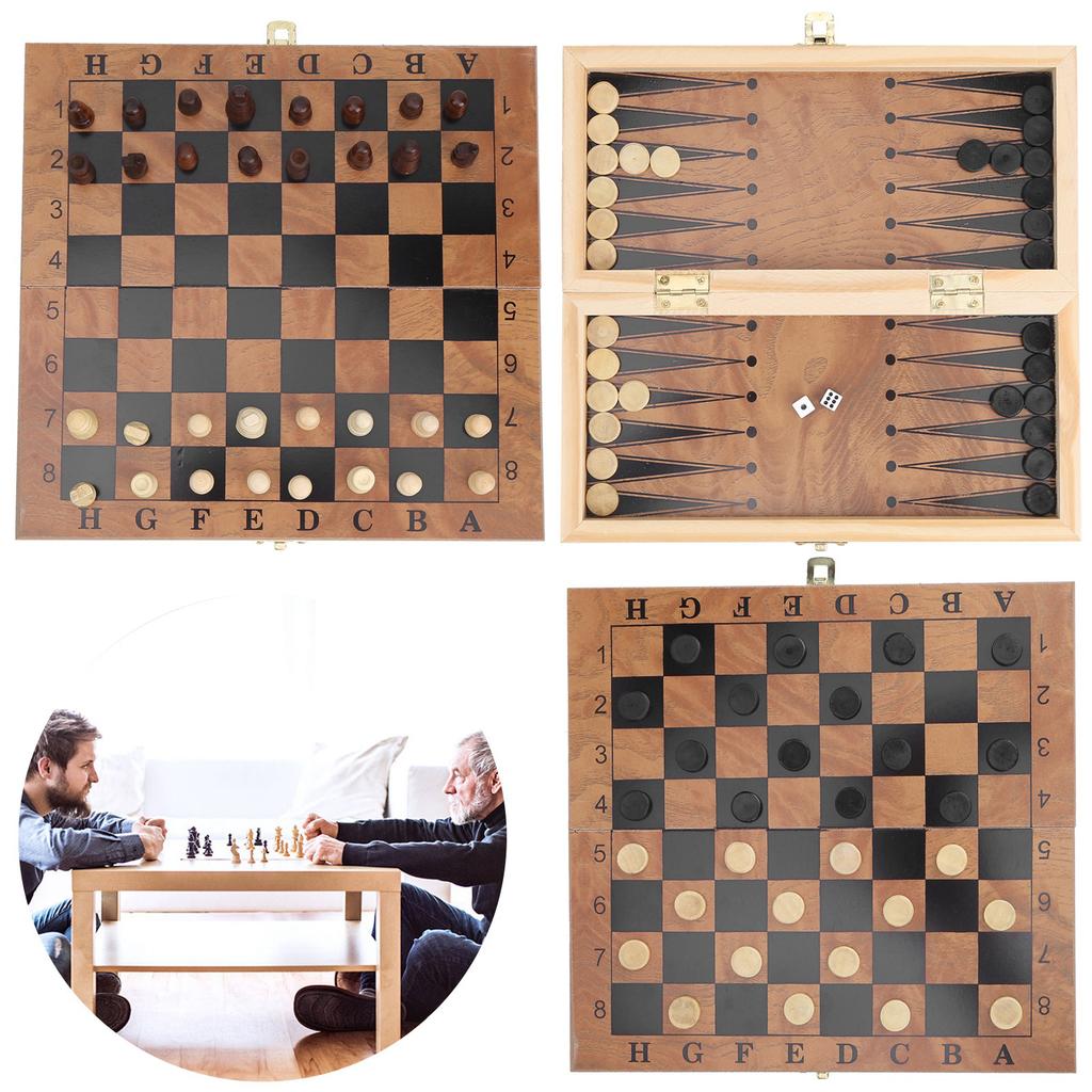 Wooden Box Chess Chessboard Checkers 3 in 1 Checkerboard with Chessman