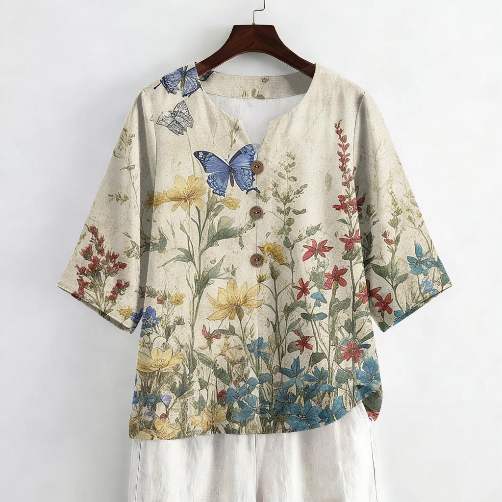 Dames Zomer Mode V-hals 3/4 Mouw Blouse Casual Losse Pasvorm Bloemenprint Top