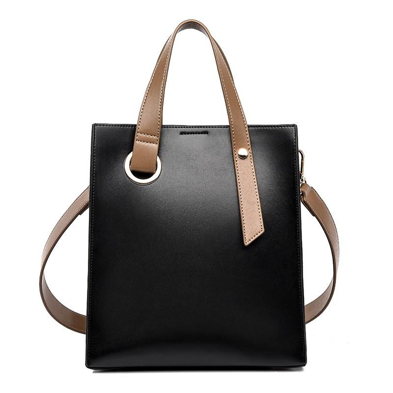Large Capacity Tote Bag Women Stitched PU Shoulder Daily Commute Casual Use Black Khaki