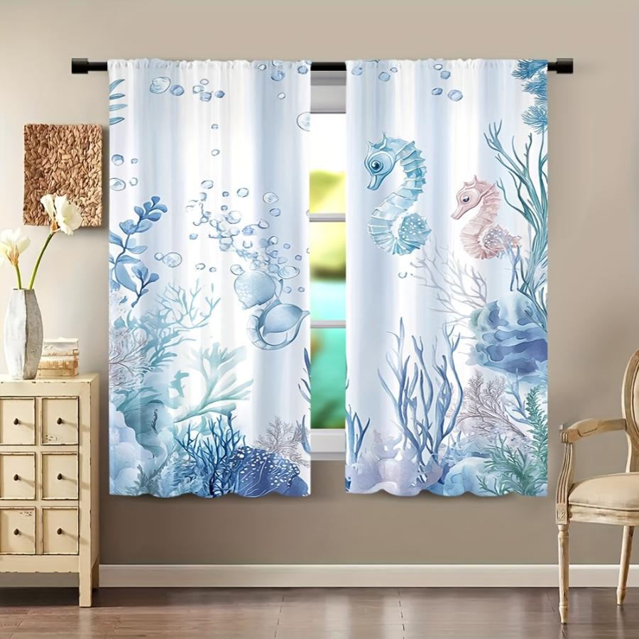 2PCS Digital Printed Curtains with Coral Seahorse Design, Stylish Window Drapes for Living Room Bedroom Home Decoration