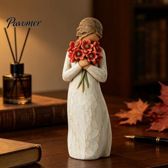 Flower Bouquet Resin Art Girl Holding Figurine, Faceless Lady Statue, Romantic Desktop Ornament for Small Statue Entryway Table Living Room