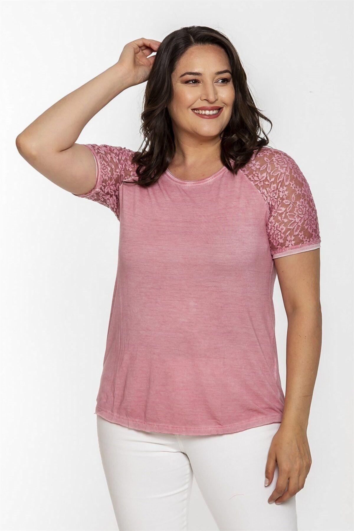 

Women s Style Big Size T-Shirt Raglan Lace Short Sleeve Blouse-Pink M