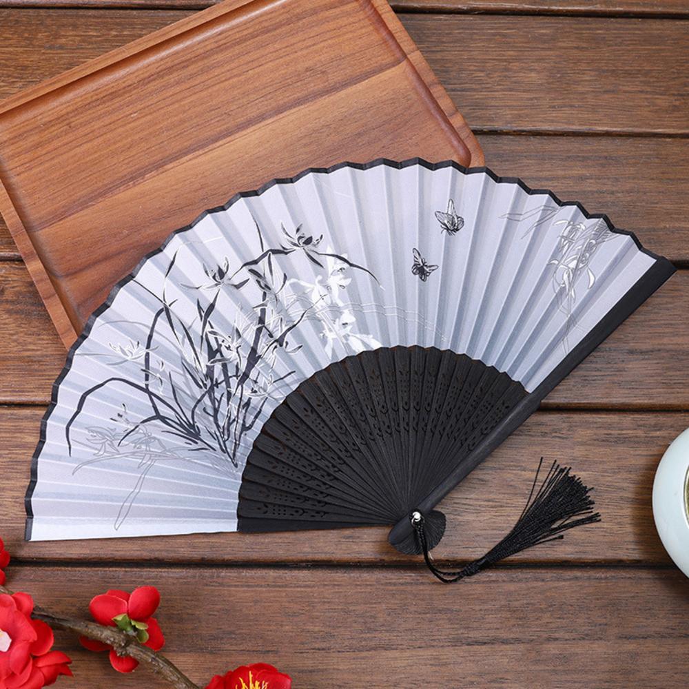 Chinese Japanese Folding Fan Wooden Shank Classical Dance Fan Tassel Elegent Female Fan Party Art Craft Gift Home Decoration