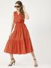 Moomaya Solid Cotton Sleeveless Dress, V-Neck Smocked Waist Tiered Midi