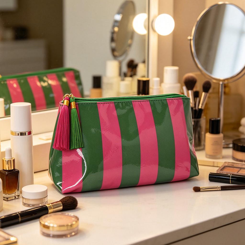 PVC Striped Cosmetic Bag Tassel Zipper Makeup Storage Pouch Waterproof Travel Toiletry Organizer Bag