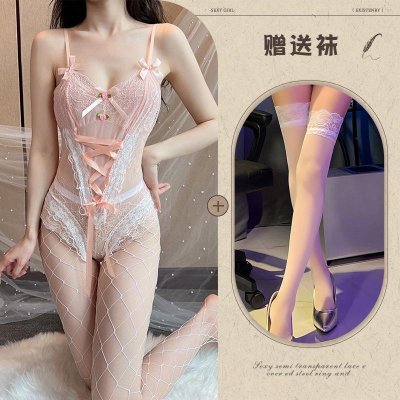 Sexy lingerie sexy lace seduction straps sweet candy-colored onesie hidden buckle open crotch uniform suspender set