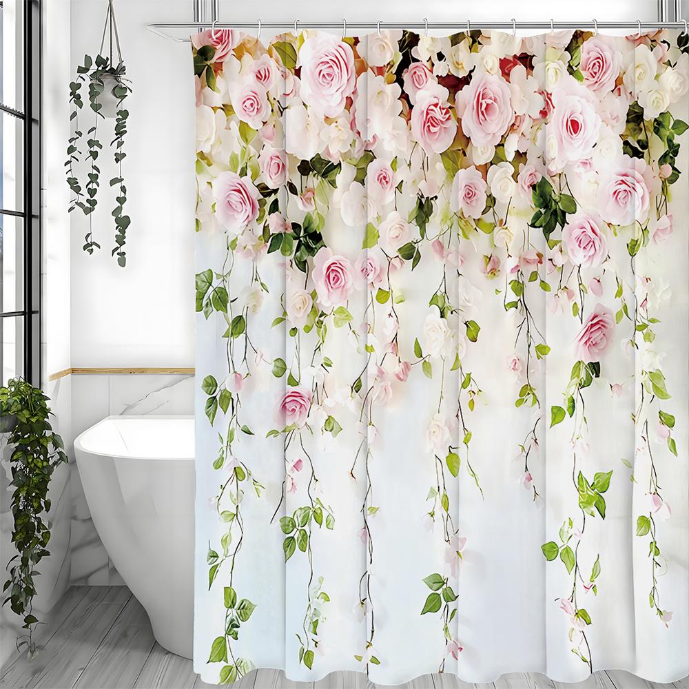 Wiosenna Różowa Kwiatowa Zasłona Prysznicowa, Dekoracyjna Zasłona Prysznicowa do Łazienki, Wodoodporna Zasłona Prysznicowa z Haczykami