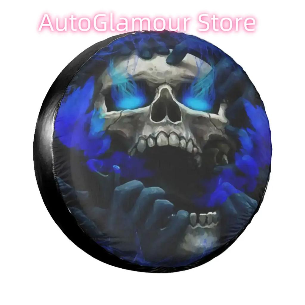 Blue Eyes Screaming Skull Spare Tire Cover Waterproof Dust-Proof Halloween Wheel Covers for Jeep Hummer 14" 15" 16" 17" Inch