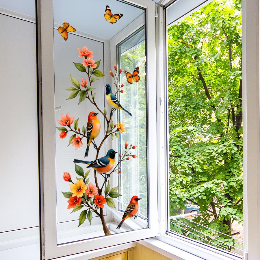 Watercolor Butterfly Magpie Kapok Tree Window Sticker Static Cling Decal for Home Glass Decoration