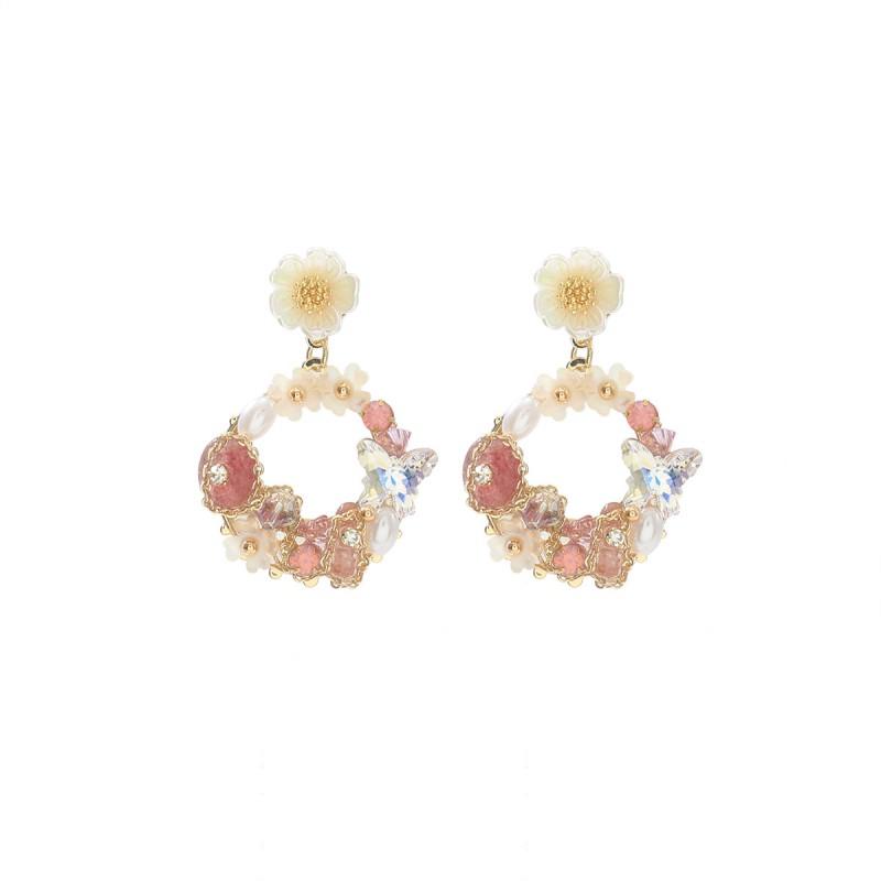 Elegant Floral Butterfly Earrings With Rhinestones Imitation Pearls Women Post Zinc Alloy Multi-Color Pink