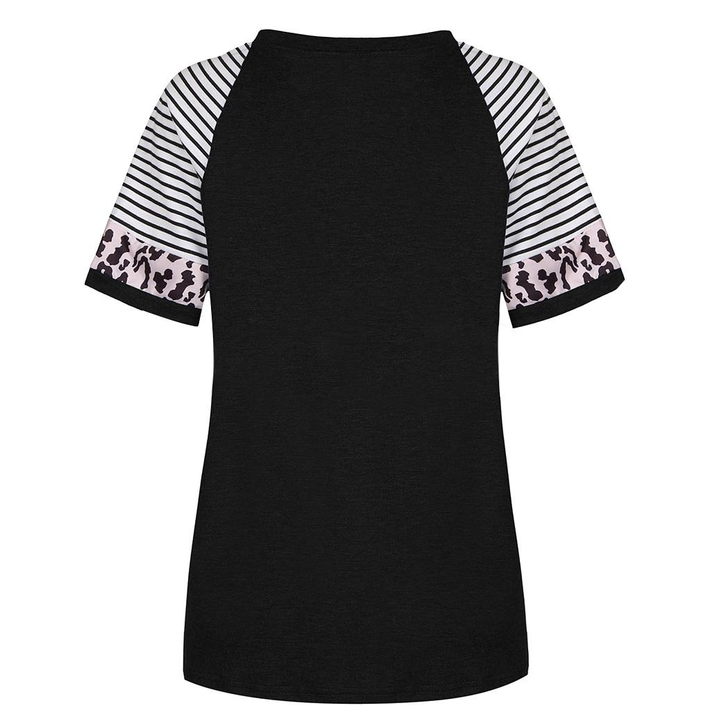 Chemise à col rond et manches courtes imprimé rayures léopard pour femme