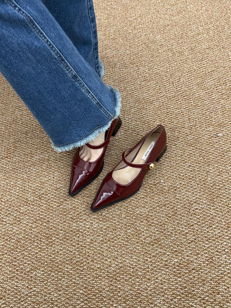 Pointed Small Leather Shoes Women's 2024 New Spring Thick Heels Low Heels High Heels Retro French Temperament Mary Jane Single Shoes