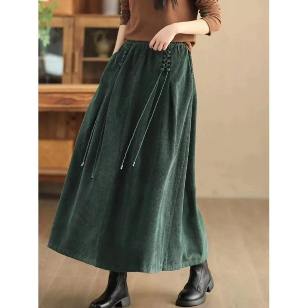 Women's Spring Autumn Winter Japan South Korea Temperament Retro Corduroy Skirt Elastic Waist Temperament Pendulum Skirt Velvet Long Skirt