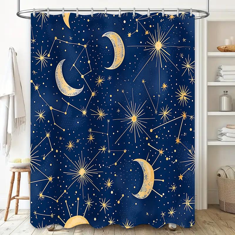 Blue Constellation Shower Curtain Set For Bathroom Decor Moon Stars Pattern, Water-Resistant Fabric Shower Curtains With Rings (