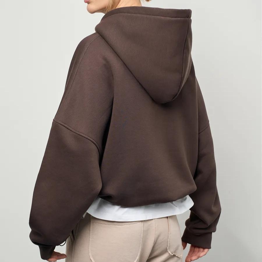 Women's Casual Solid Color Hooded Sweatshirt, European Style, Fitted Waist, Long Sleeves, Short Length, Pullover Style.