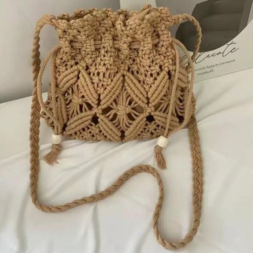 Small Fresh Style Bucket Handbag Hollow Out Drawstring Crossbody Bag Woven Beach Bag Casual Use
