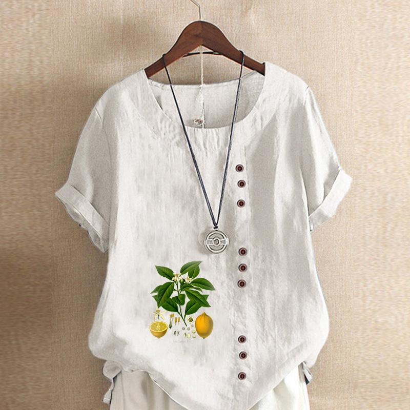 Women's Fashion Lemon Leaves Prined Round Neck Short Sleeve T-shirt Casual Cotton Linen Graphic Shirt Leisure Loose Summer Blouse Tops