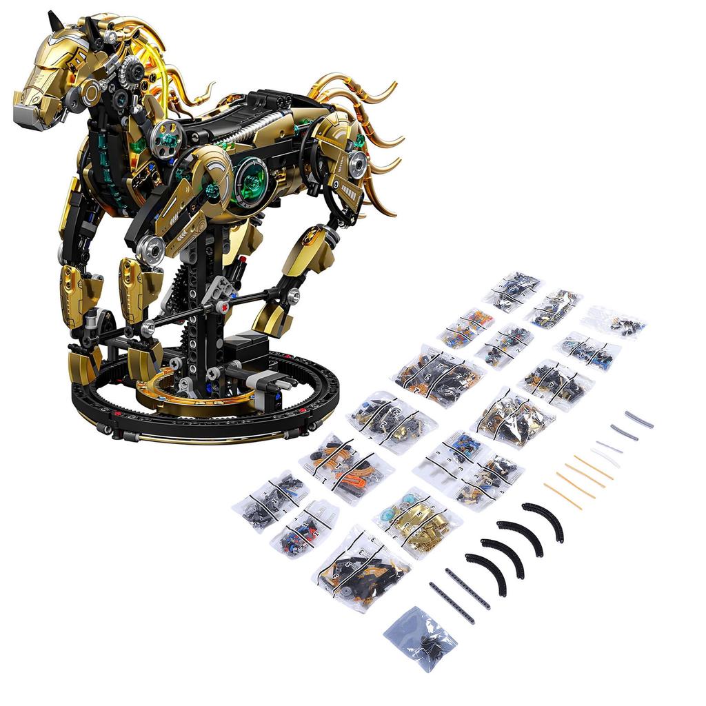 Mechanical Horse Building Block Set STEM Educational Toy DIY Model Kit with Light and Moveable Legs for Kids Teens Adults
