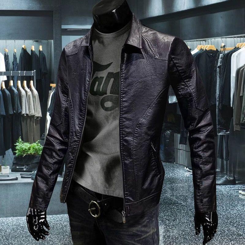 Men s new leather jacket, slim-fit, casual lapel, stylish leather jacket M чёрный