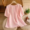 Women's Summer 2026 Imitation Han Linen Short-Sleeve T-Shirt - Artistic Solid Color Design