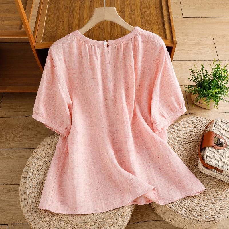 Women's Summer 2026 Imitation Han Linen Short-Sleeve T-Shirt - Artistic Solid Color Design