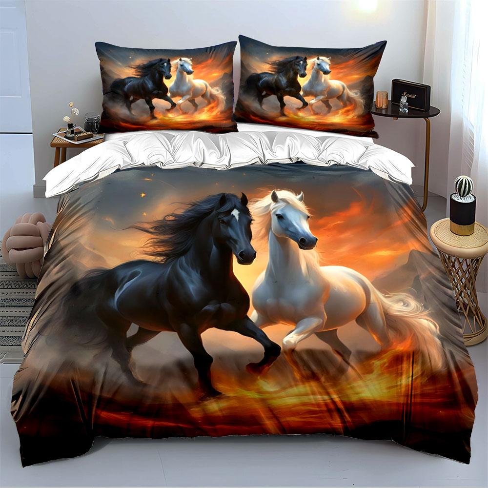 Fiery Black and White Horses Bedding Duvet Cover Set (1*Duvet Cover 2*Pillowcases, Without Duvet Insert)