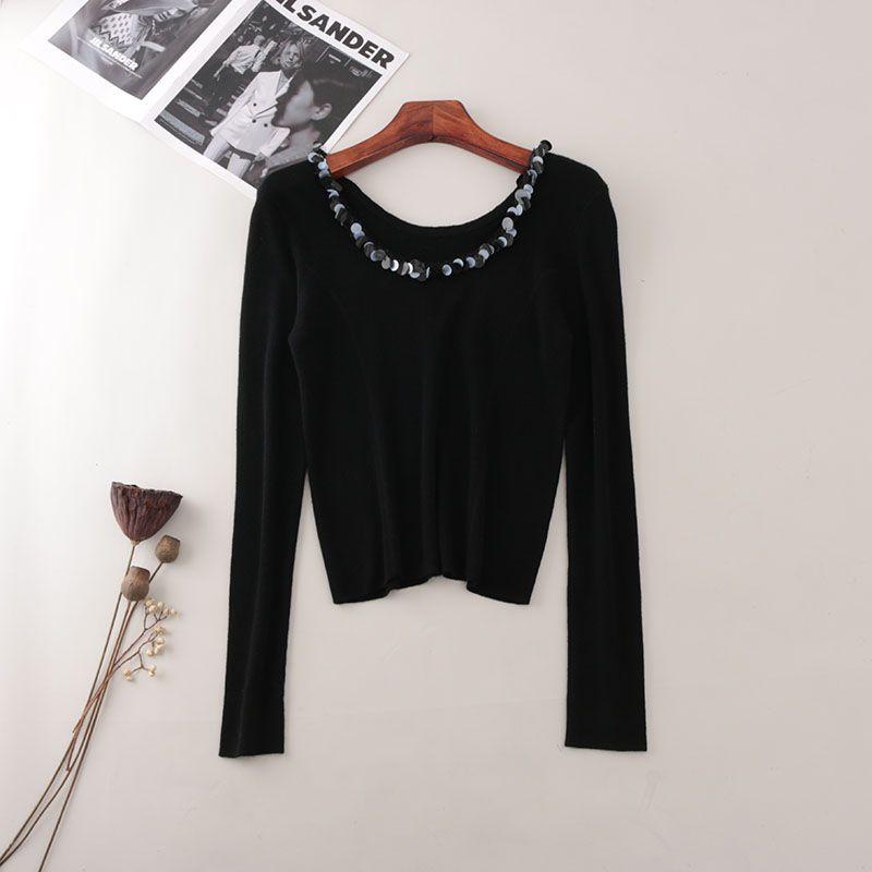 Scale Sequin Large round Neck Long Sleeves Thin Knitwear Six Wool Pure Color Silm Pullover Clavicle Top Women