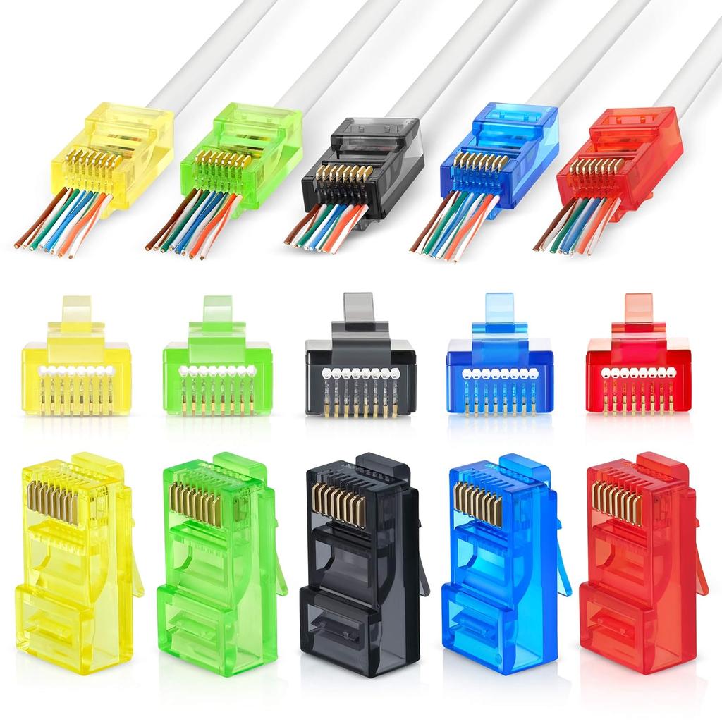 50PCS RJ45 Cat6 Pass Through Connectors, Assorted Colors EZ To Crimp Modular Plug for Solid Or Stranded UTP Network Cable