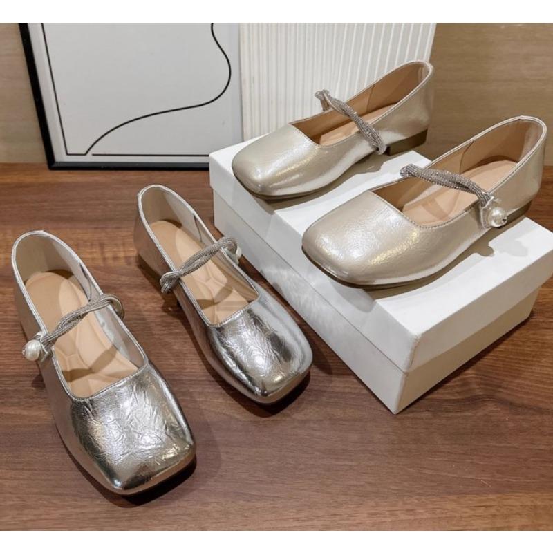 New Style Silvery Women Square Toe Mary Jane Shoes Casual Outdoor Soft Sole Flat Spring Autumn Wedding Party Shoes Zapatos Mujer