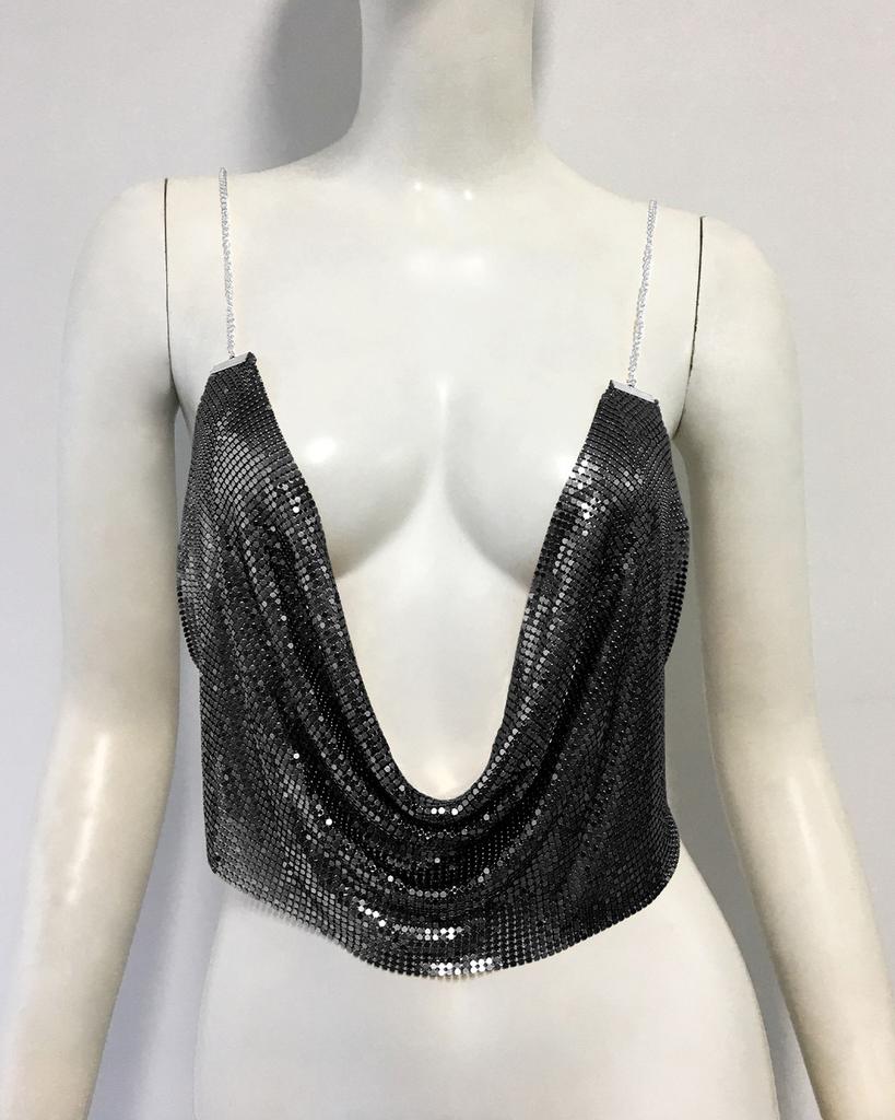 Crop Top Senza Maniche con Paillettes Metalliche per Moda Nightclub Donna Estate