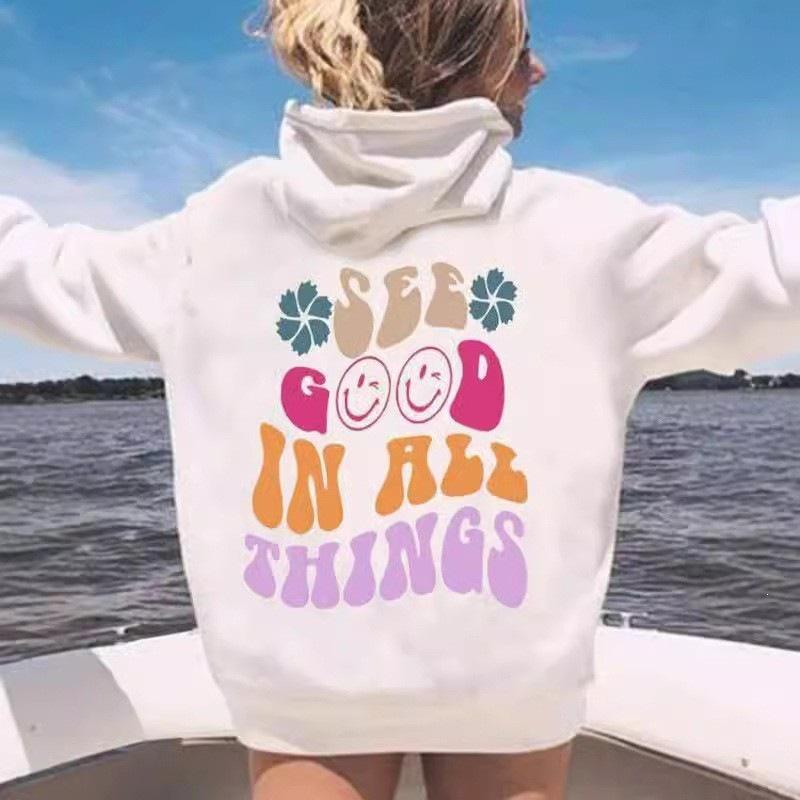 New EU Size Women's Drop Shoulder Ribbed Smiley Face Embroidery Hoodie Sweatshirt