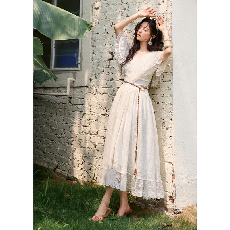French Resort Flutter Sleeve Lace A-Line Dress