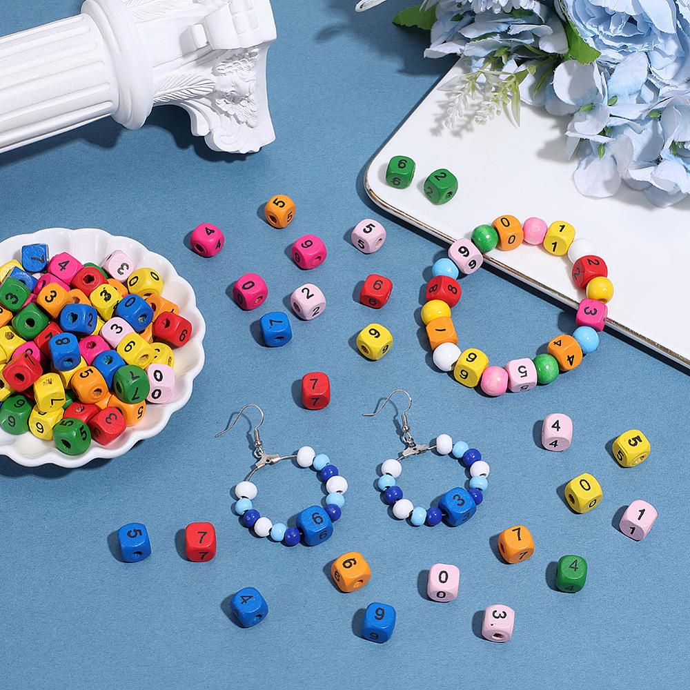 600Pcs Wood European Beads Cube with Number Large Hole Beads Mixed Color 10.5x10.5x10.5mm Hole: 4mm