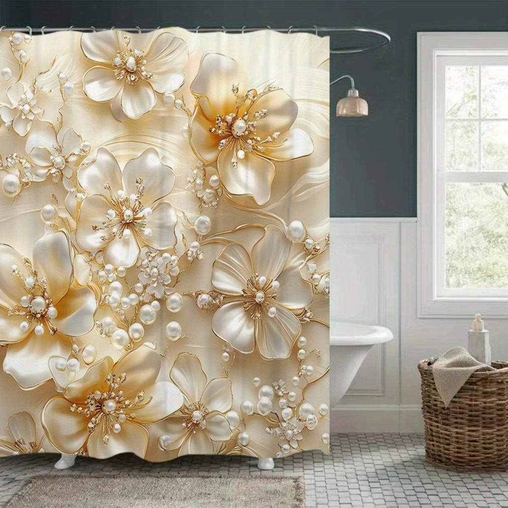 1pc Pearl Flower Hidden Danger Pattern Shower Curtain, Polyester Fabric, Machine Washable, Suitable for Bathroom Decoration