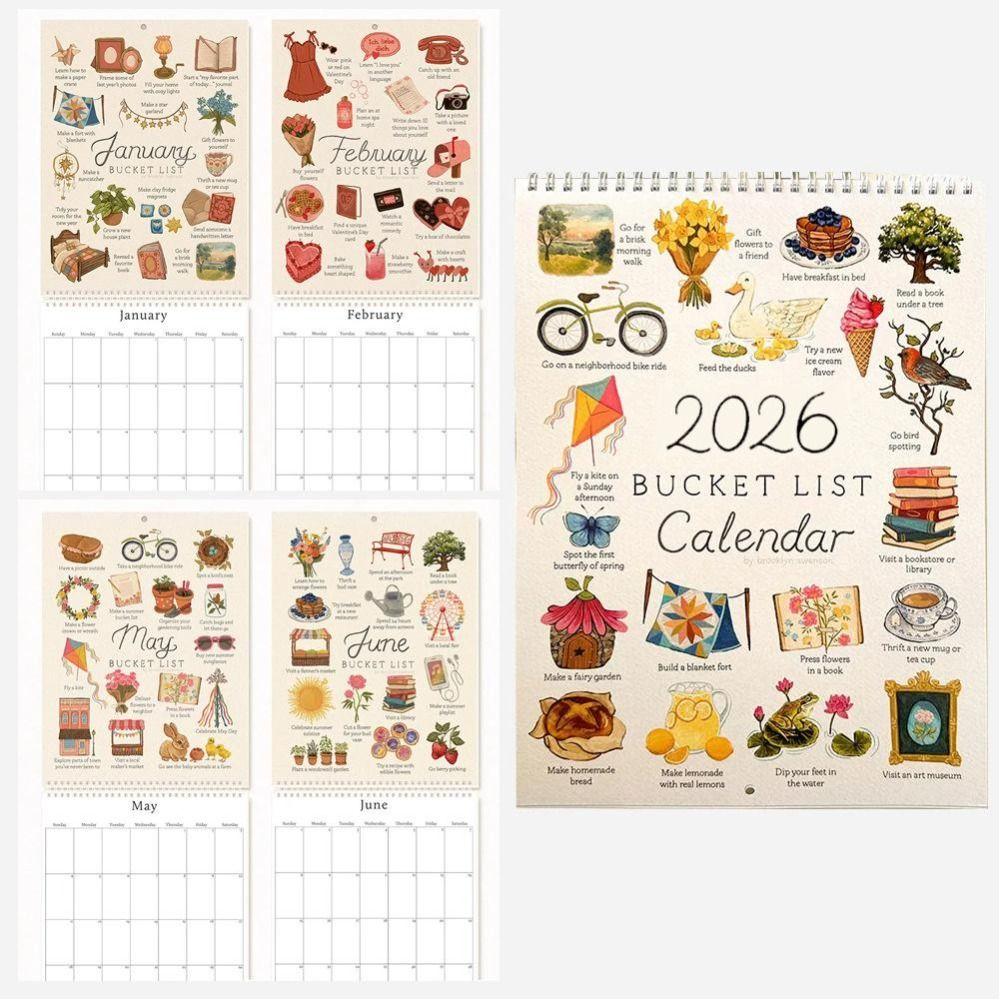 Simple Style Bucket List Calendar Colorful Cartoon Pattern 2026 Wall Calendar Notes Planning Wish list Desktop Calendar Gifts